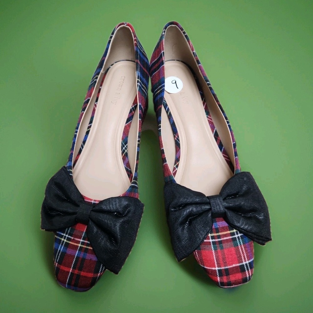 Crown and Ivy Red Plaid Evelyn Shoes with Black Bow 9 Women's Holiday